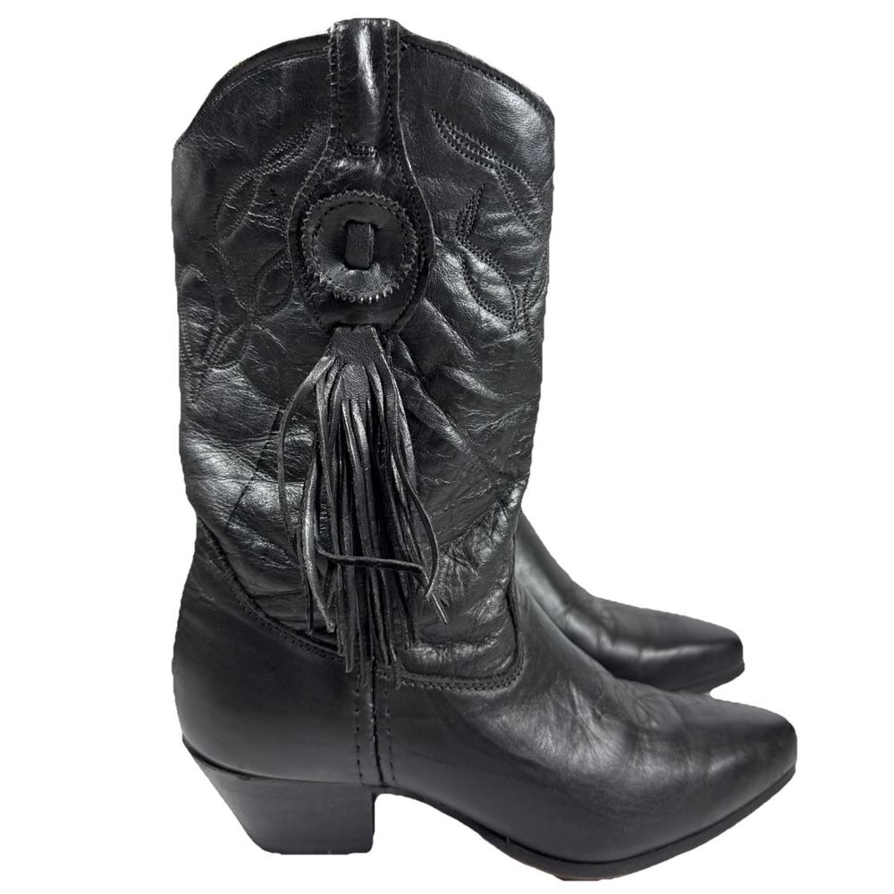Vintage Laredo black leather fringe cowboy boots BURNING MAN‎ size 6M